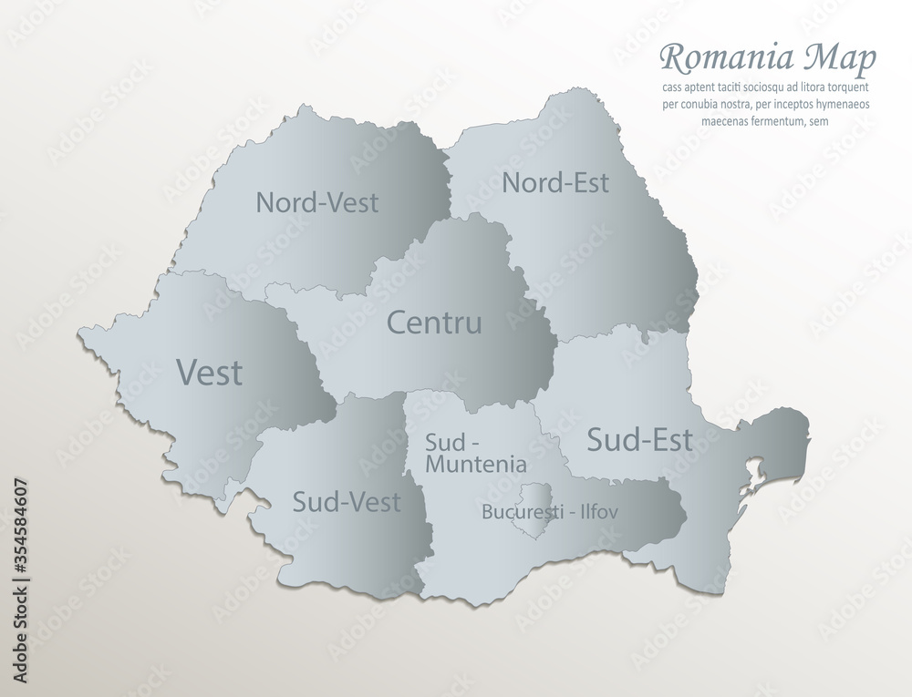 Romania map, administrative division with names, white blue card paper 3D vector