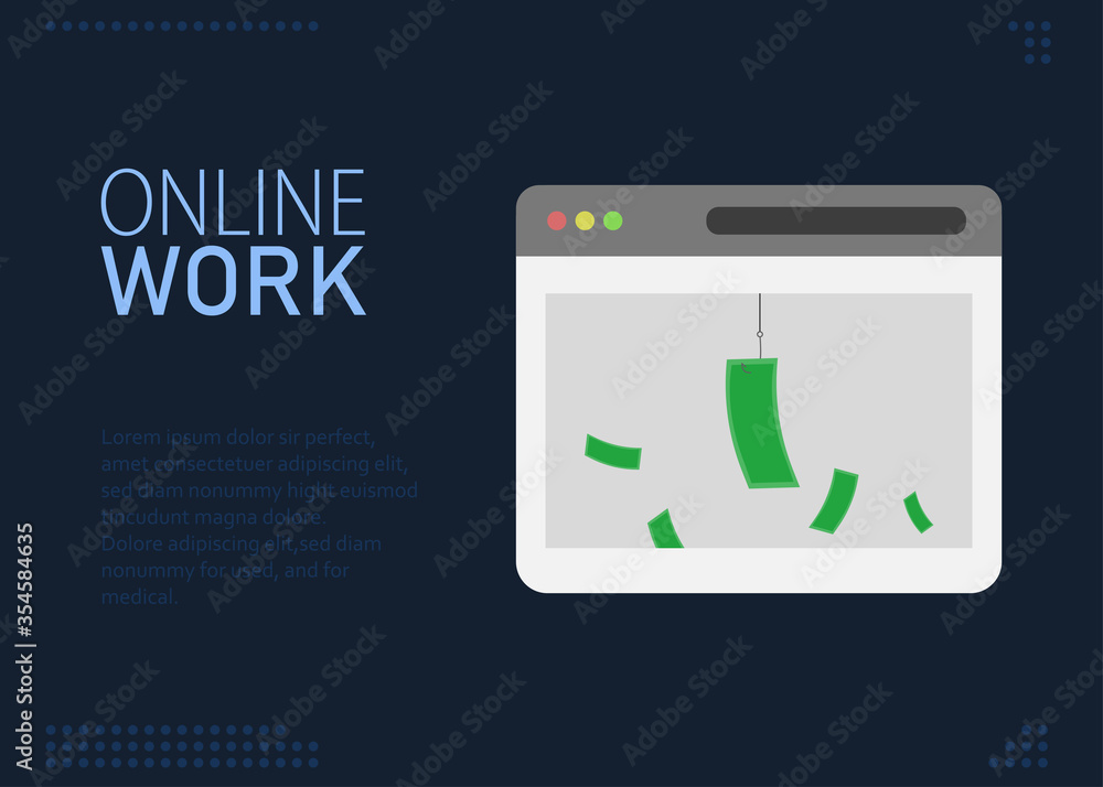 Online work, landing page, banner, web page. Dollar on a hook, fishing rod. Online work, landing page, banner, web page. Dollar on a hook, fishing rod.