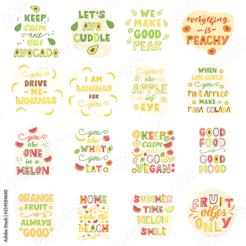 Set of funny fruit phrases, lettering design. Vector illustration