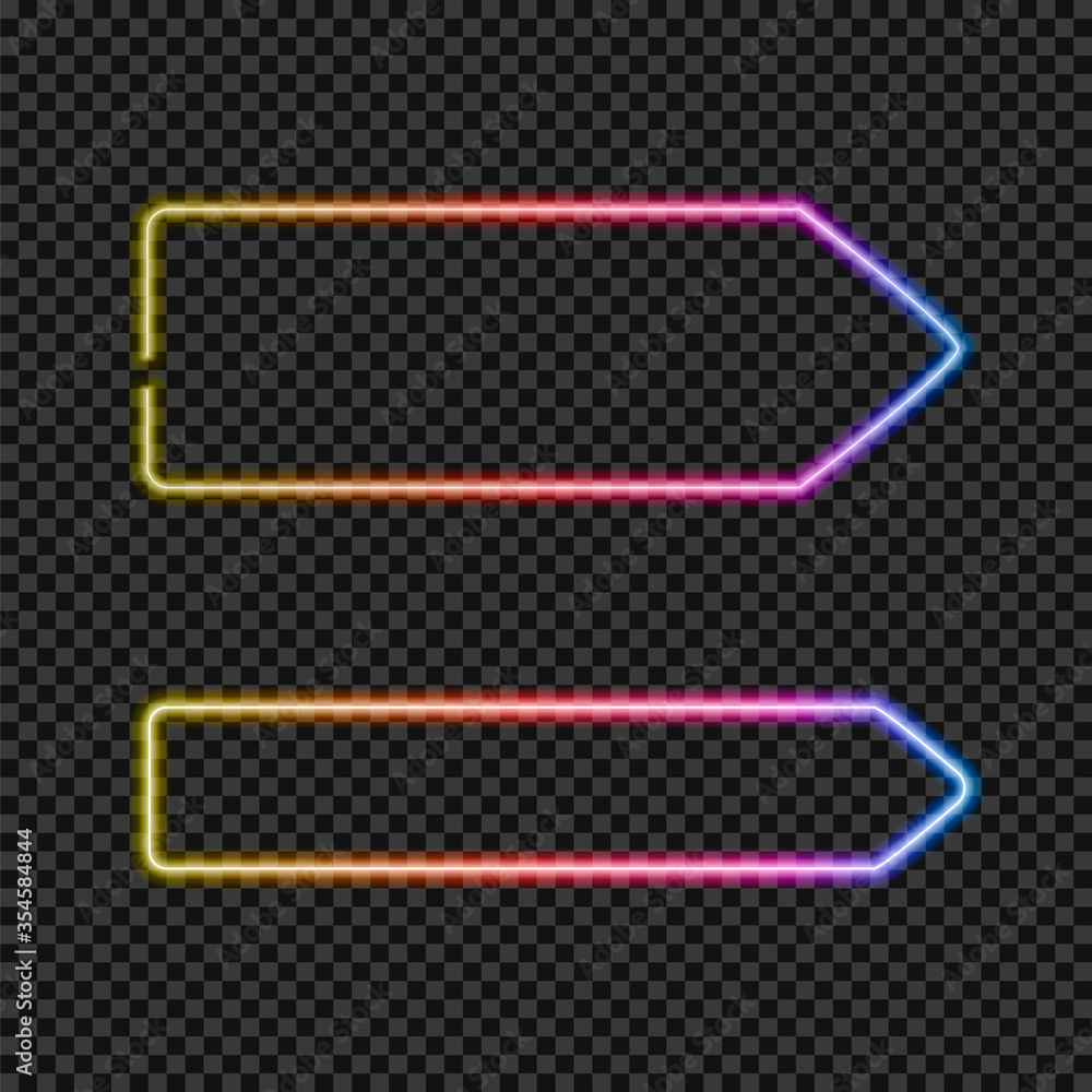 Vector neon gradient arrows, direction signs isolated on dark transparent background, bright colors, frame templates, pointer.