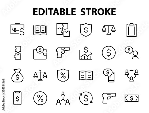 Set of business vector line icons. It contains user symbols, dollar pictograms, gears, briefcase, puzzles, envelope, percentage, messages, schedule, and more. Editable Bar 480x480 pixels.