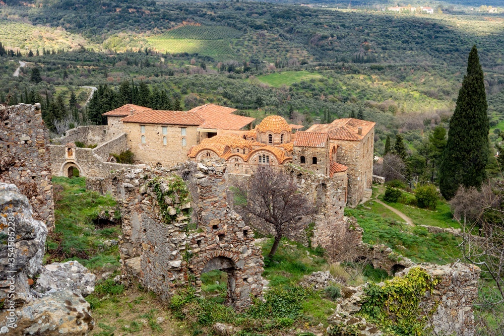 The main building Archaeological Museum of Mystras and Metropolis near Sparta, Greece in top view