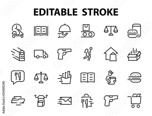 PIZZA DELIVERY, and Food Icon Set Vector thin line, contains courier, home delivery, food ordering, fast transport, drone, ship, car, editable stroke. ICONS circuits