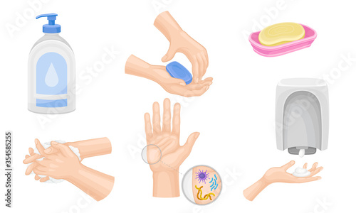 Hand Washing and Cleansing Using Bar of Soap and Soap Dispenser Vector Illustrations Set