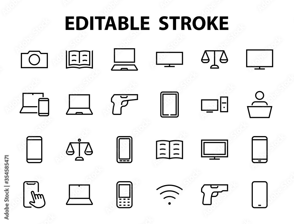  set of smart devices and gadgets, computer hardware and electronics. Electronic device icons for web and mobile vector lines. Editable stroke. 480x480 pixels