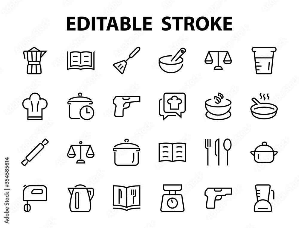 Set of icons for cooking and kitchen, vector lines, contains icons such as a knife, saucepan, boiling time, mixer, scales, recipe book. Editable stroke, perfect 480x480 pixels, white background Set of icons for cooking and kitchen, vector lines, contains icons such as a knife, saucepan, boiling time, mixer, scales, recipe book. Editable stroke, perfect 480x480 pixels, white background