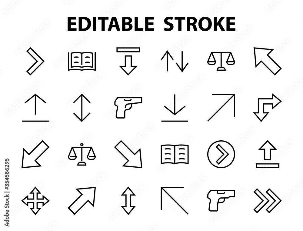 Set of line arrows, directions, arrows, contains icons such as pause, continuation, directly, to the right, Editable stroke. 480x480, On a white background, Vector illustration Set of line arrows, directions, arrows, contains icons such as pause, continuation, directly, to the right, Editable stroke. 480x480, On a white background, Vector illustration