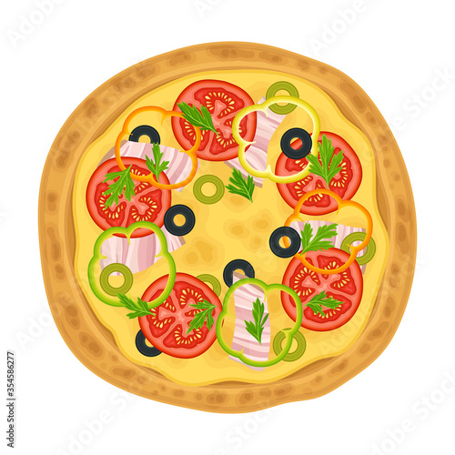 Hot Pizza with Sliced Bacon and Vegetables Top View Vector Illustration