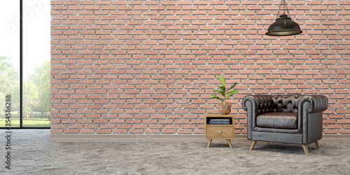 Loft style interior.Black leather armchair with table and vase hanging lamp Concrete polishing floors.Old brick wall background and view from window.3d rendering