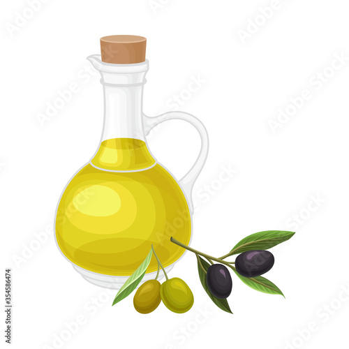 Glass Jar of Olive Oil with Olive Twig Rested Nearby Vector Composition