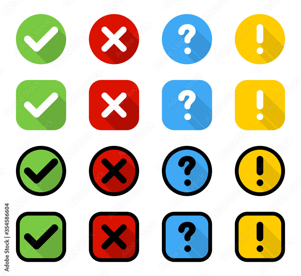 Buttons. Check mark and cross with question and exclamation signs, isolated. Signs collection in circle and square with shadow in flat design. Vector illustration Buttons. Check mark and cross with question and exclamation signs, isolated. Signs collection in circle and square with shadow in flat design. Vector illustration