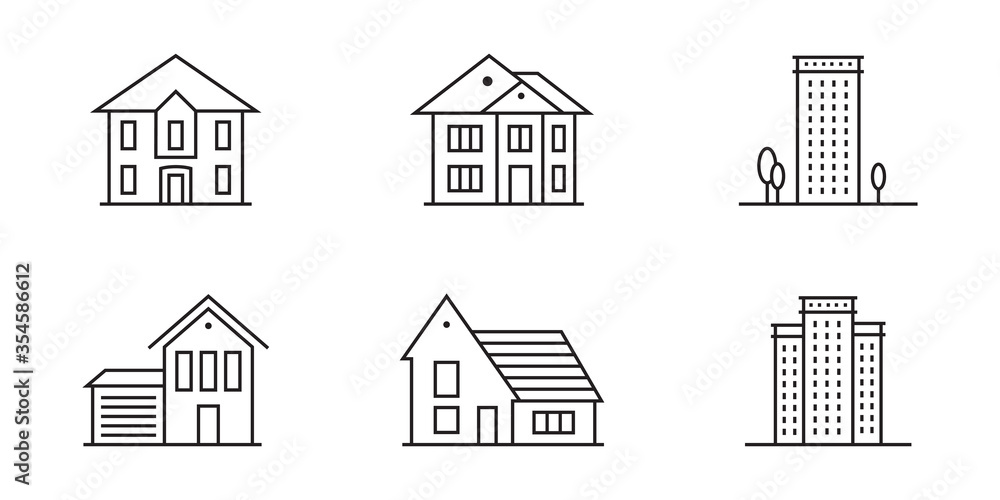 Home or house icon set. Outline residential buildings. Vector illustration.