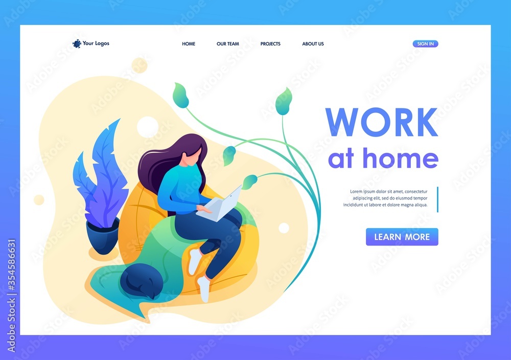 Young girl works at home on a soft chair, remote work, freelancer. Flat 2D character. Landing page concepts and web design Young girl works at home on a soft chair, remote work, freelancer. Flat 2D character. Landing page concepts and web design