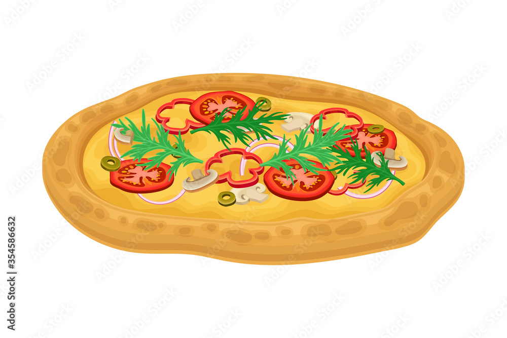 Hot Vegetarian Pizza with Greenery and Tomatoes Vector Illustration Hot Vegetarian Pizza with Greenery and Tomatoes Vector Illustration