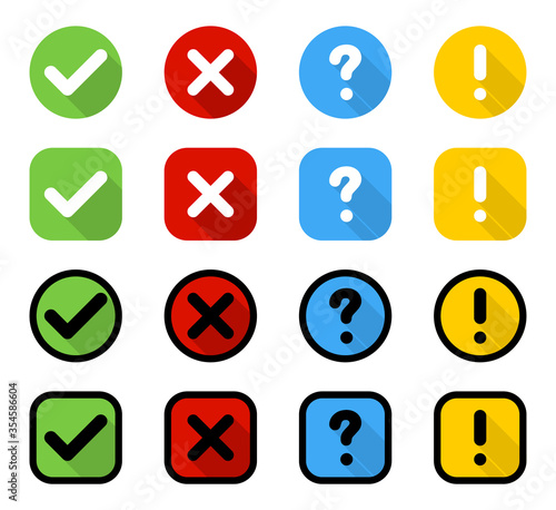 Buttons. Check mark and cross with question and exclamation signs, isolated. Signs collection in circle and square with shadow in flat design. Vector illustration