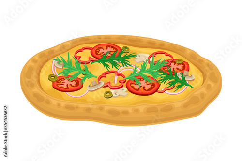 Hot Vegetarian Pizza with Greenery and Tomatoes Vector Illustration