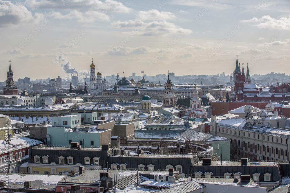 Russia, Moscow, top view, panorama of the city, March 2018