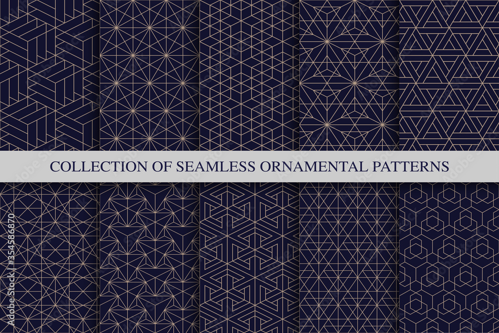 Collection of seamless geometric ornamental vector patterns. Tile oriental backgrounds. Trendy blue grid design - obrazy, fototapety, plakaty 