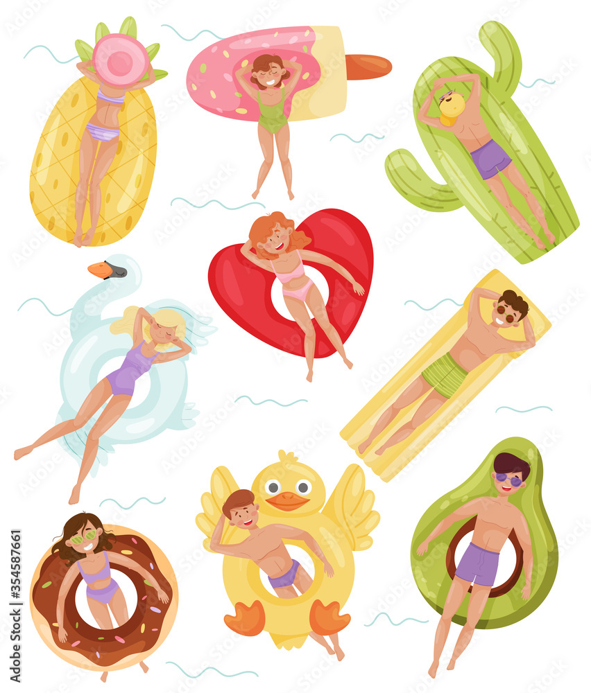 People Characters Floating on Inflatable Rafts or Rubber Swim Tubes of ...