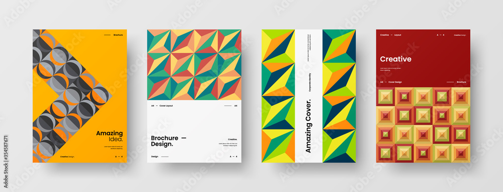Obraz premium Company identity brochure template collection. Business presentation vector A4 vertical orientation front page mock up set. Corporate report cover abstract geometric illustration design layout bundle.