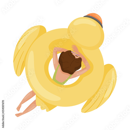 Woman Character Floating on Rubber Swim Tube of Duck Shape in Swimming Pool Vector Illustration