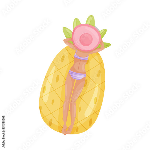Woman Character Floating on Rubber Inflatable Raft of Pineapple Shape in Swimming Pool Vector Illustration