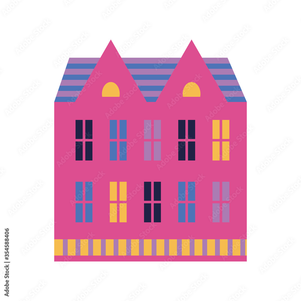 Pink color house in flat style with two floors and purple roof on white background. White background. Urban landscape. Pink color house in flat style with two floors and purple roof on white background. White background. Urban landscape.
