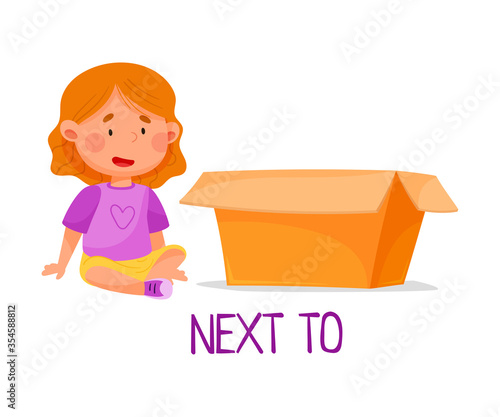 Little Red Haired Girl Sitting Next To Carton Box as Preposition of Place Vector Illustration