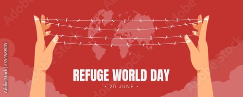 World Refugee Day on June 20 horizontal banner template with Earth behind a barbed wire stretched between human hands as a symbol of forced illegal migration. Support of displaced persons.