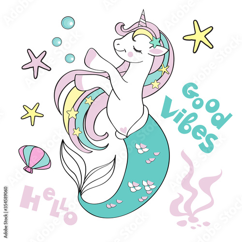 Beautiful illustration with a unicorn mermaid on a white background for children. Birthday card