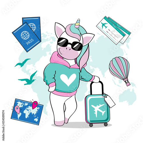 Collection for travel with a beautiful unicorn with a suitcase, tickets, passport, map on a white background. Vector illustration isolated