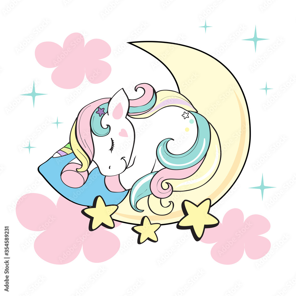 Cute unicorn sleeping on the moon in pink clouds on a white background