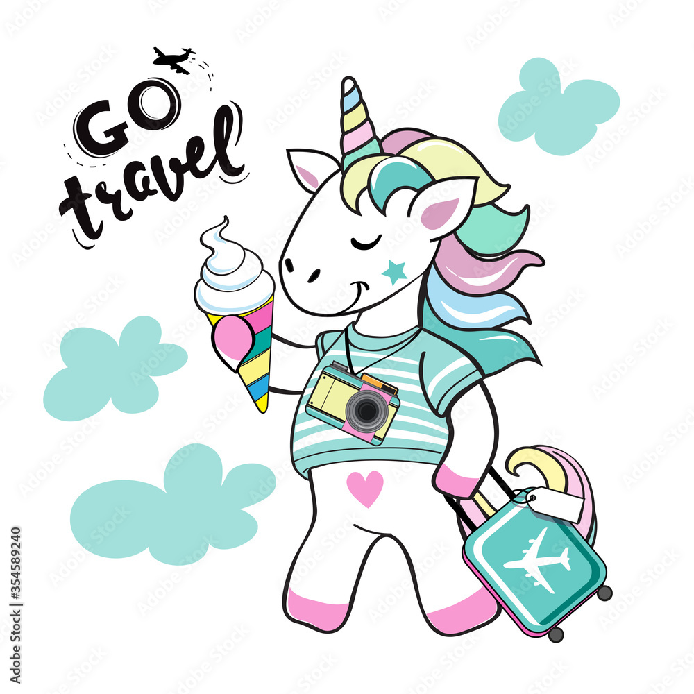 Cute unicorn with a suitcase and ice cream and the inscription go travel on a white background. Vector illustration isolated. Vacation concept, travel concept Cute unicorn with a suitcase and ice cream and the inscription go travel on a white background. Vector illustration isolated. Vacation concept, travel concept