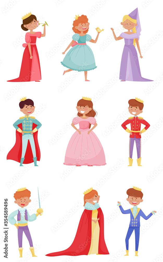 Funny Little Princes and Princesses Wearing Crown and Dressy Look Garments Vector Illustrations Set