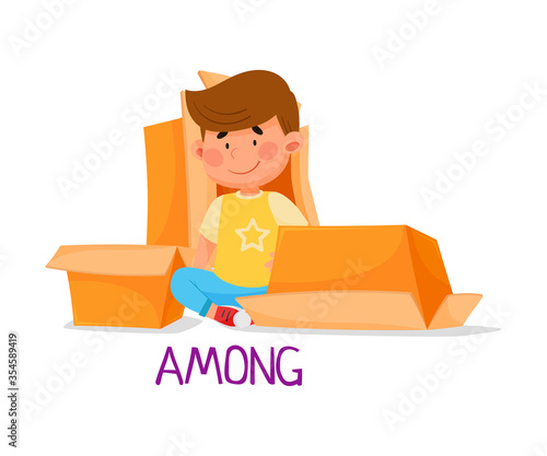 Cheerful Boy Sitting Among Carton Boxes as Preposition of Place Vector Illustration