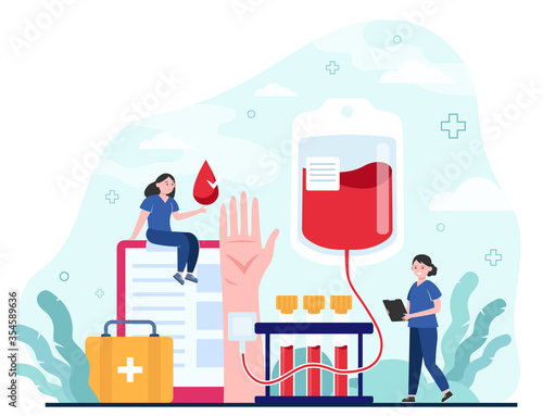 Blood donor and nurse. Woman with needle in hand. Flat vector illustration for donation campaign  medical fund  transfusion  world donor day concepts