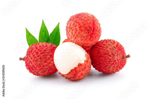 Lychee with leaves isolated on white.