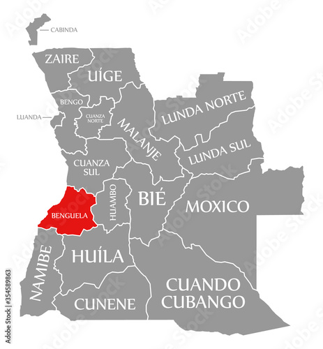 Benguela red highlighted in map of Angola photo