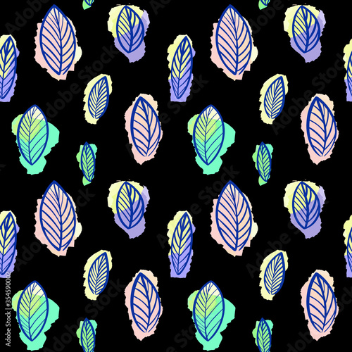 seamless pattern of bright leaves on a black background.Botanical leaf pattern. .Vector illustration. 