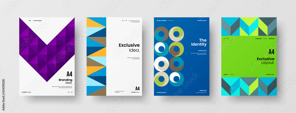Fototapeta premium Company identity brochure template collection. Business presentation vector A4 vertical orientation front page mock up set. Corporate report cover abstract geometric illustration design layout bundle.