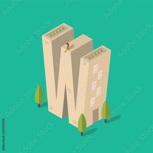 Isometric building with alphabet W