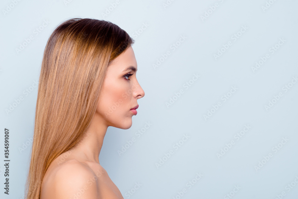 Profile side view portrait of nice lovely attractive well-groomed straight-haired candid lady with smooth shine flawless skin copy empty blank space isolated over light gray background Profile side view portrait of nice lovely attractive well-groomed straight-haired candid lady with smooth shine flawless skin copy empty blank space isolated over light gray background