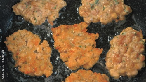 Pan fried chicken. Cooking  Fried chicken cutlets. Chicken cutlets. Chicken meat. Close up shot. Macro.