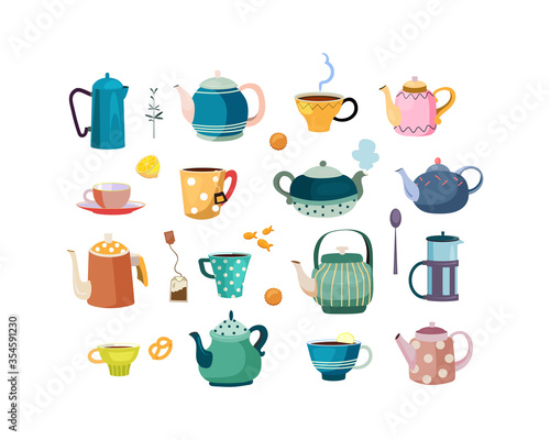 Teapots and cups set. Ceramic dish, crockery, porcelain, spoons, cups and mugs for tea. Vector illustrations for kitchen, drinking tea, beverage concept