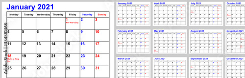 Schlichter Kalender 2021 für die USA inkl. Feiertagen. Set mit 12 einzelnen Monaten. Wochenstart Montag.