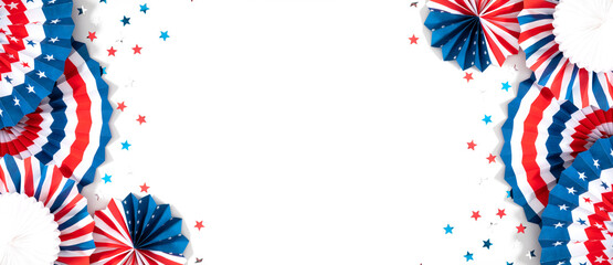 4th of July American Independence Day. Happy Independence Day. Red, blue and white star confetti, paper decorations on white background. Flat lay, top view, copy space, banner