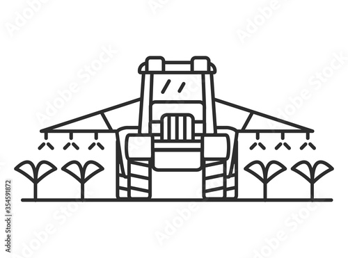 Tractor watering the garden.Outline vector flat illustration.Agriculture sign.Fertilizer plants.Farm Irrigation.