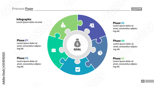 Five elements process chart slide template. Business data. Plan, circle, design. Creative concept for infographic, presentation, report. Can be used for topics like management, finance, teamwork.