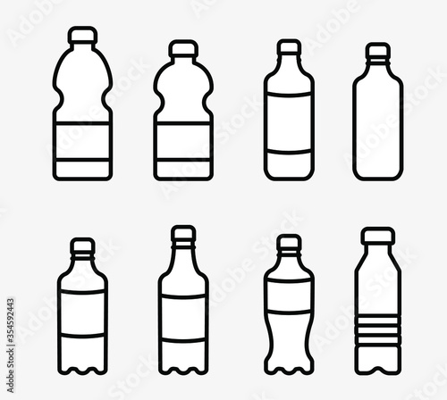 Icon set of plastic bottles of different shapes. Vector illustration, flat cartoon design, eps 10.