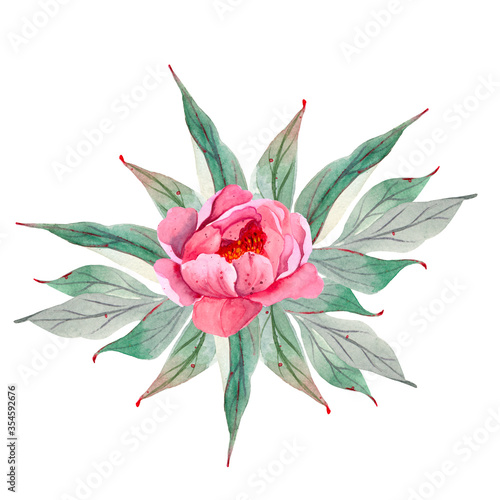 Bright fresh cute elegant watercolor peony. Colorful summer flowers in pink and red.